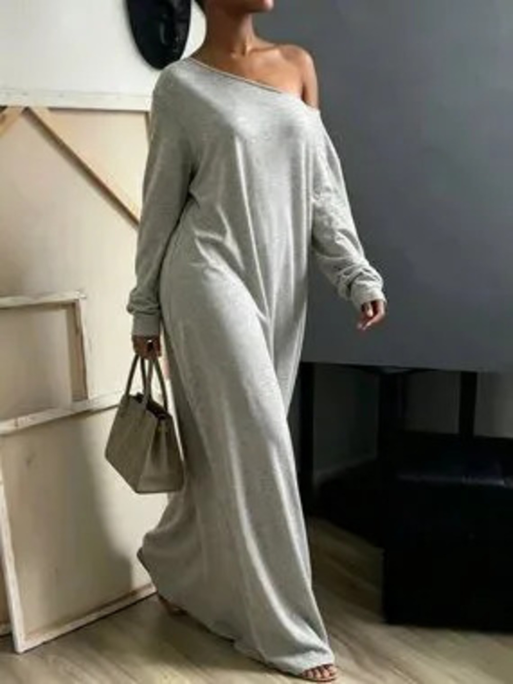 Grey Casual Women's Asymmetrical Shoulder Long Dress